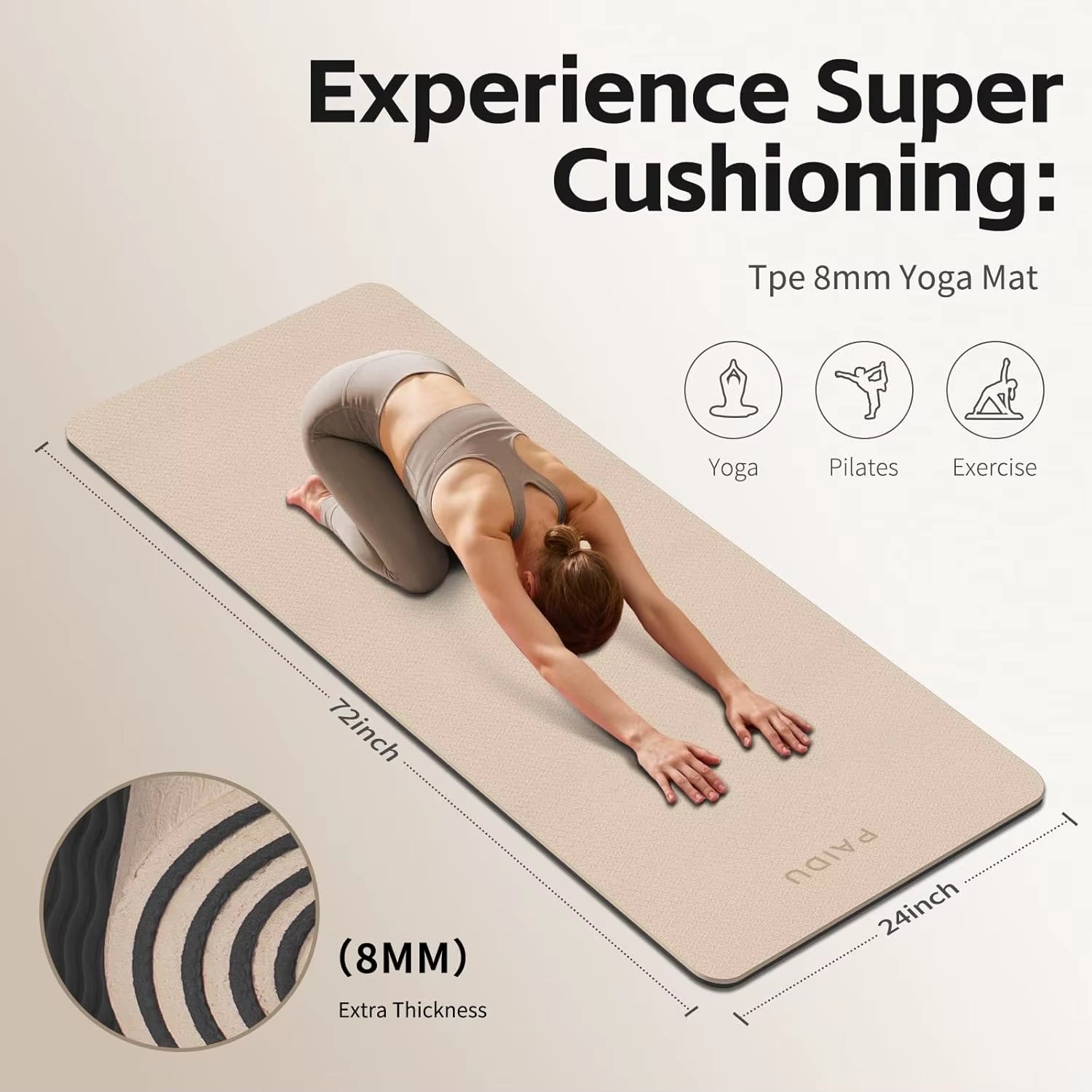 8Mm Thick TPE Yoga Mat, Non-Slip & Odorless, for Yoga Pilates Home Workouts with Strap