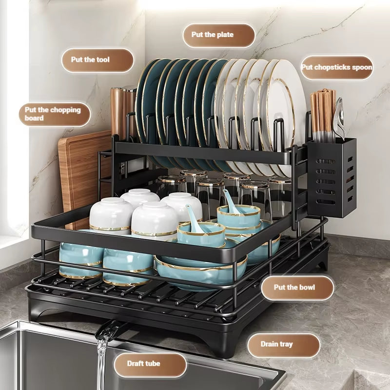 Adjustable Stainless Steel Dish Drying Rack with Drainboard for Over-Sink Plate Organization