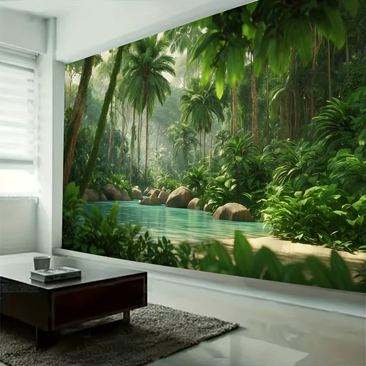 Lush Tropical Forest Greenery Background - Vibrant, Realistic Living Room and Bedroom Decor Wall Hanging, Polyester Fabric