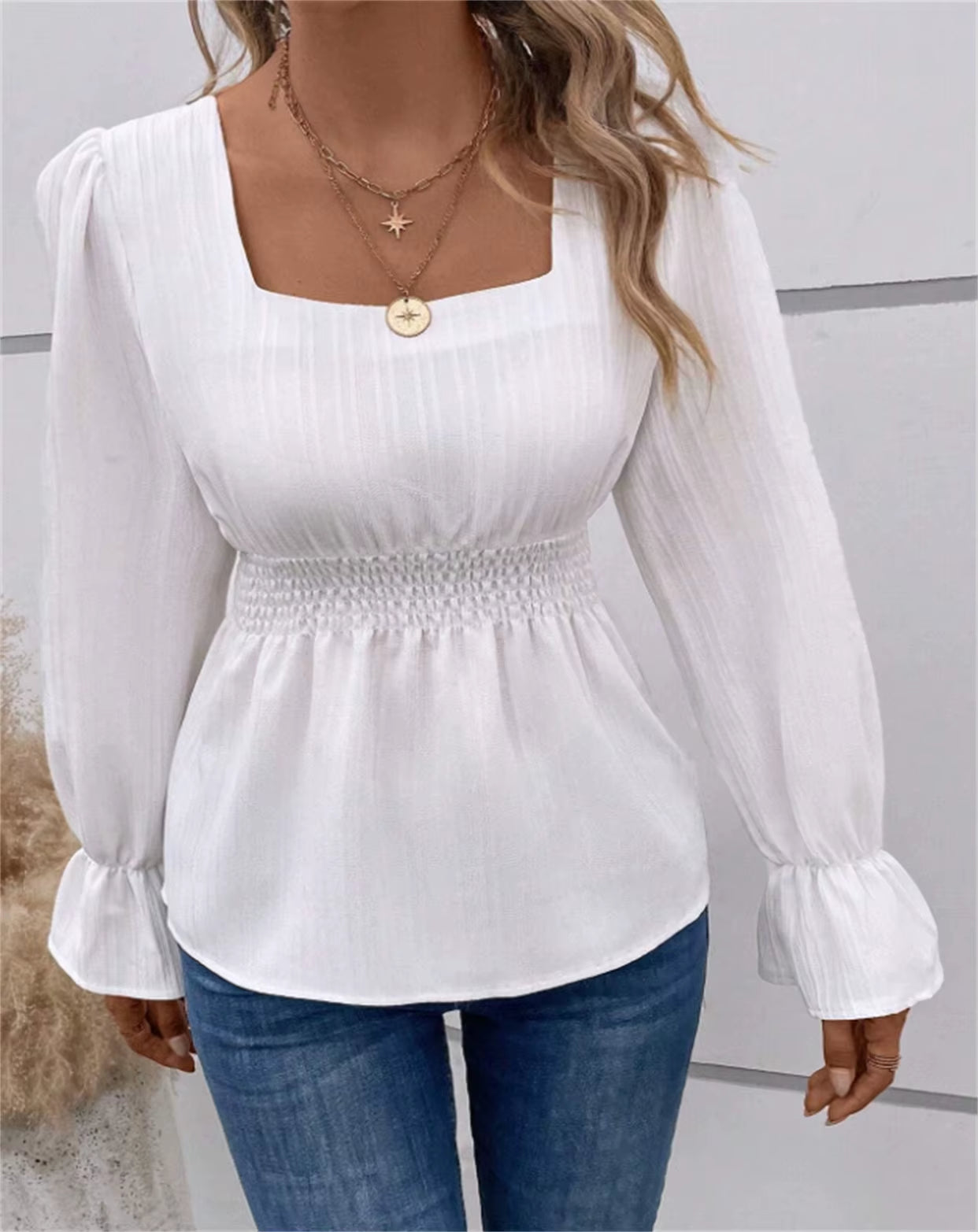Shirred Square Neck Cinched Waist Blouse Casual Long Sleeve Top for Spring Fall Women'S Clothing