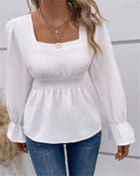 Shirred Square Neck Cinched Waist Blouse Casual Long Sleeve Top for Spring Fall Women'S Clothing
