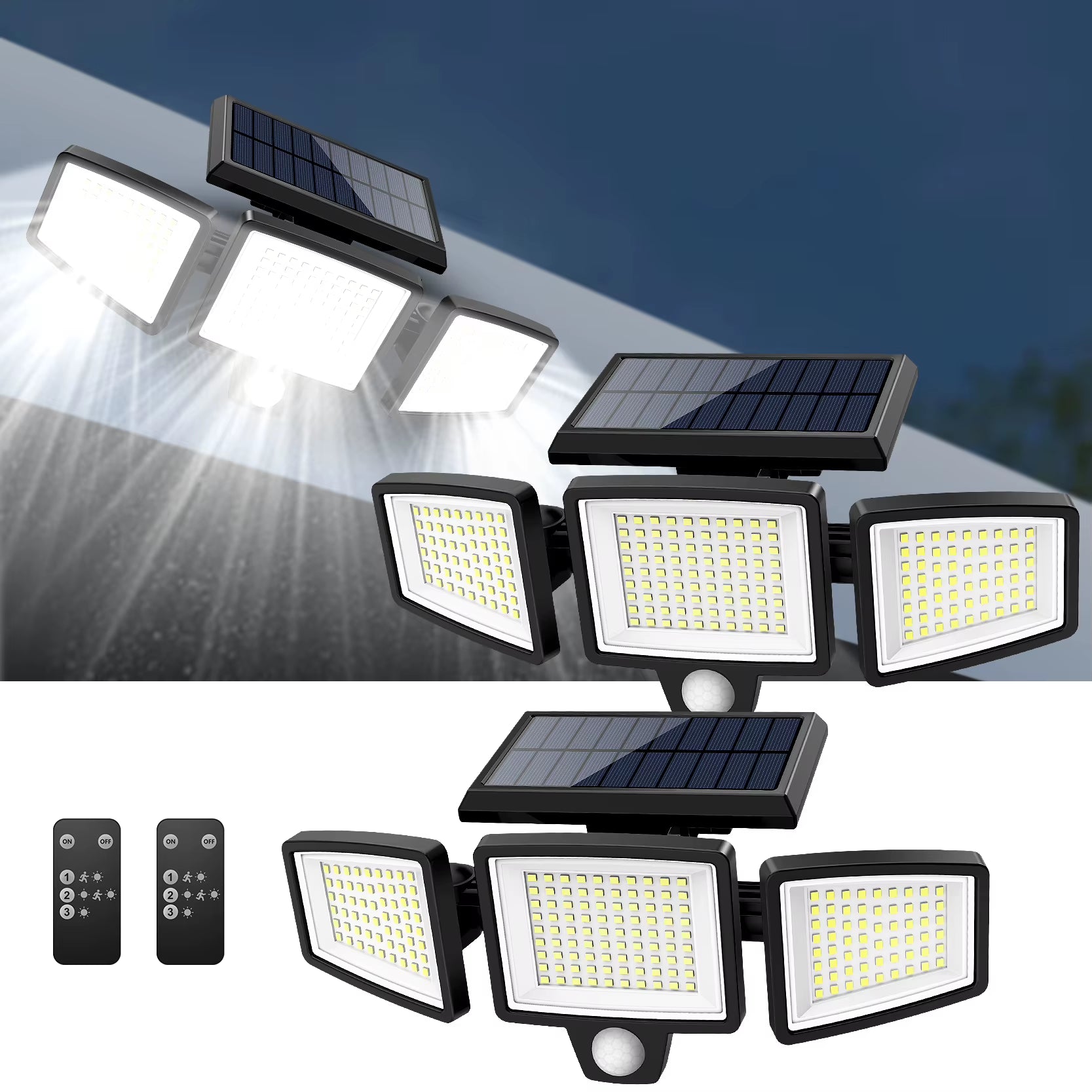 Outdoor Waterproof Solar Light with Motion Sensor 3-Head 200+ Leds Security Light for Porches Garages Yard Entrances