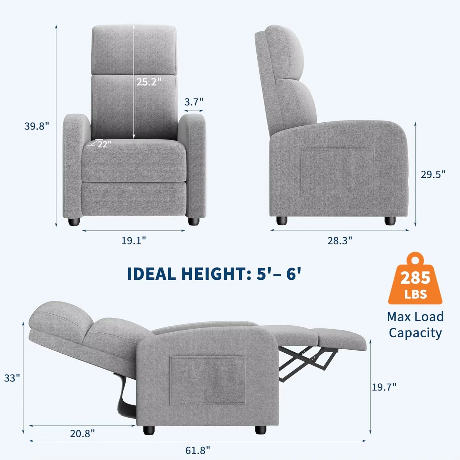 Push Back Recliner Chair for Adults, Lazy Adjustable Single Sofa with Side Pocket Ergonomic Home Theater Seating for Living Room