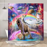 Funny Cat Shower Curtain Boys Kids Bathroom Decor, Cool Riding Dinosaur on Fantasy Galaxy Hilarious Curtain, Funky Outer Space