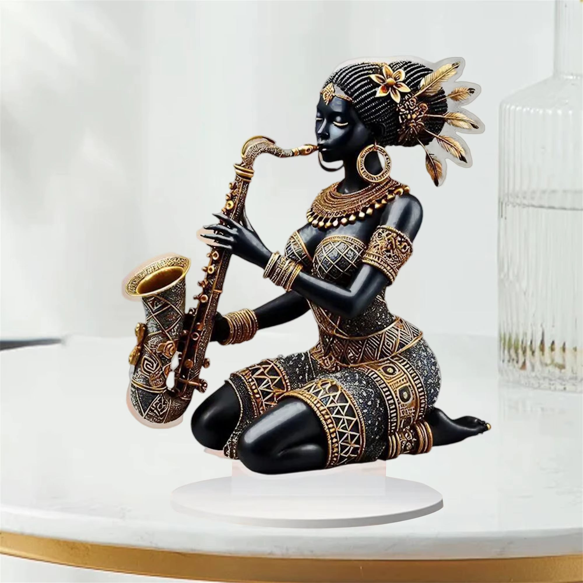 African Lady Figurine Sculpture with Saxophone Musical Instrument Handcrafted Tribal Art Statue for Home Office Decor And