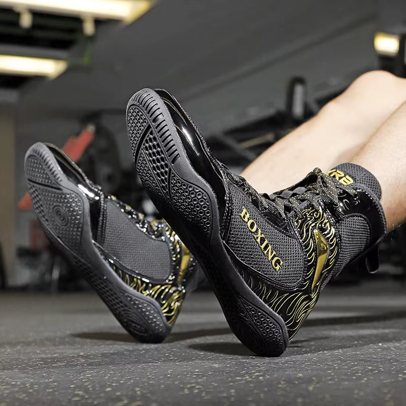 Professional Boxing and Wrestling Shoes for Men, Black and White Classic Comfort Training Boxing and Wrestling Fighting Shoes