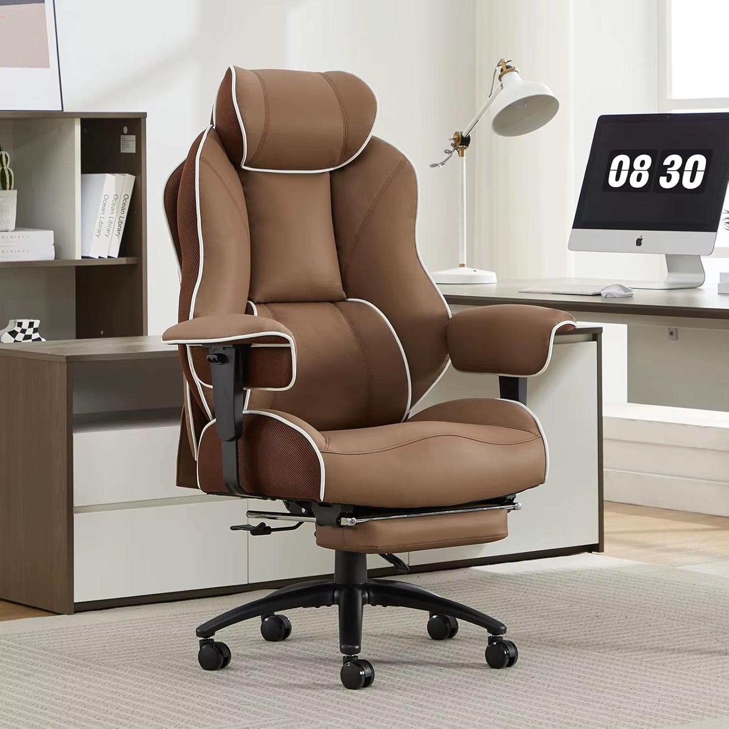Big and Tall Ergonomic Executive Office Chair with Footrest and Lumbar Support, High Back PU Leather Design