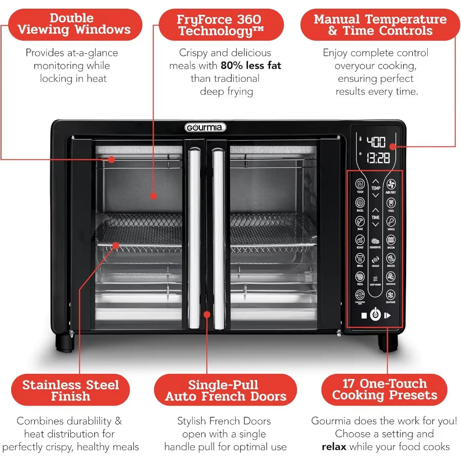 Large 24L Capacity Toaster Oven Air Fryer Combo with 17 Cooking Presets and 1700W Power Digital French Door Design with Convect