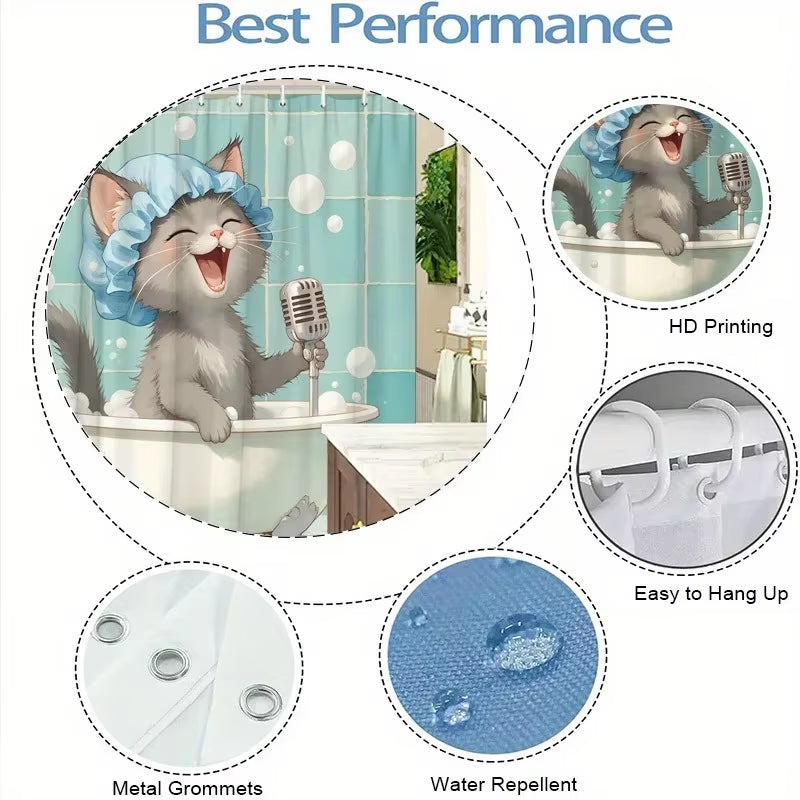 1Pc Anthropomorphic Cat Shower Curtain - Singing in Bathtub, Retro Microphone Design, Polyester, Fashionable Bathroom Decor