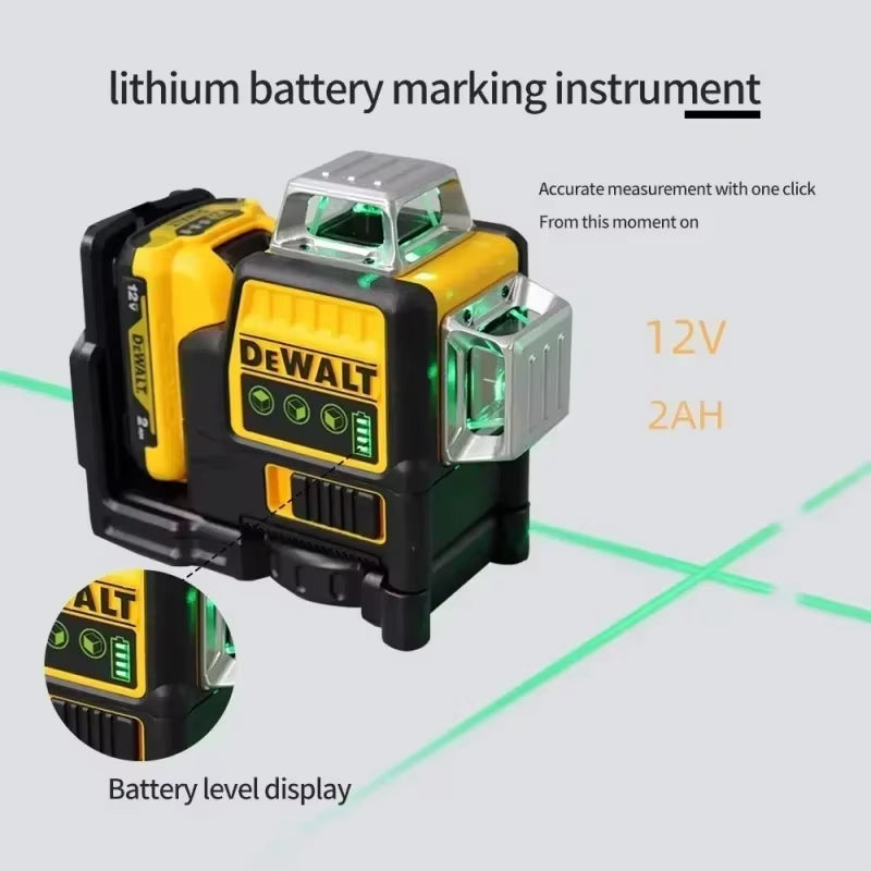 DW089LG 3-Sided 360-Degree 12-Line Green Laser Level with Vertical and Horizontal Alignment, 12V Battery, Model 2025