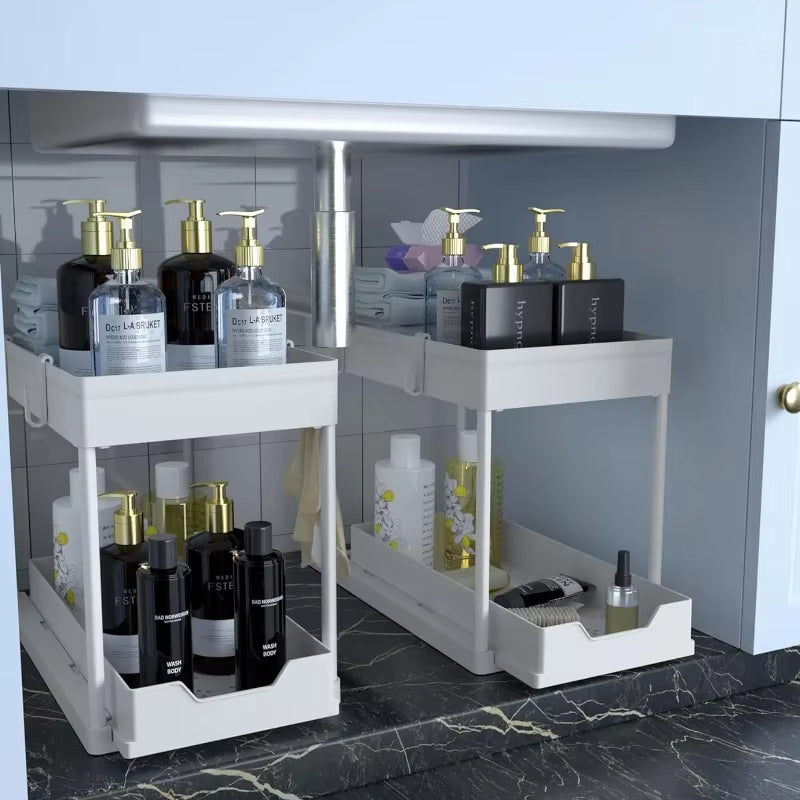 Under-Sink Storage Rack for Bathrooms, Metal Frame Support, Suitable for Bathrooms, Countertops, under Sinks, and Cabinets.