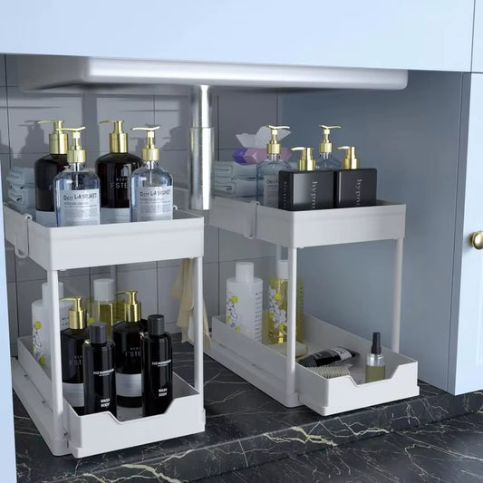 Under-Sink Storage Rack for Bathrooms, Metal Frame Support, Suitable for Bathrooms, Countertops, under Sinks, and Cabinets.