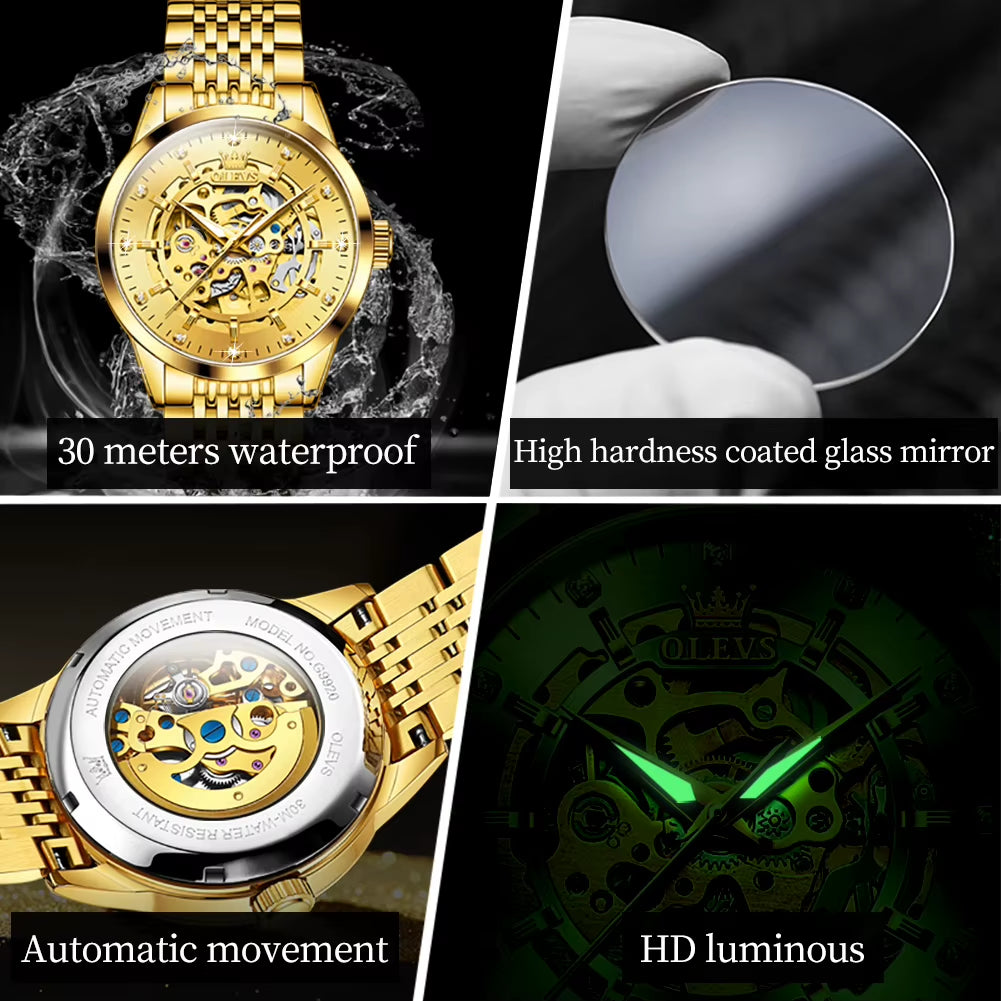 Men'S Watches Luxury Gold Skeleton Automatic Mechanical Wrist Watch for Man Waterproof Stainless Steel Luminous Business