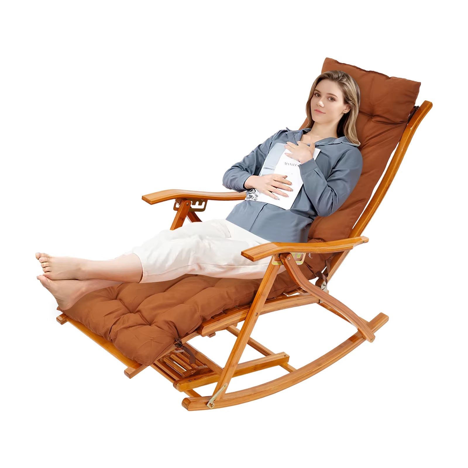 Rocking Chair, Foldable Bamboo Sun Lounger Chair, Lounge Chair with Adjustable Armrest and Footrest for Balcony Camping Garden