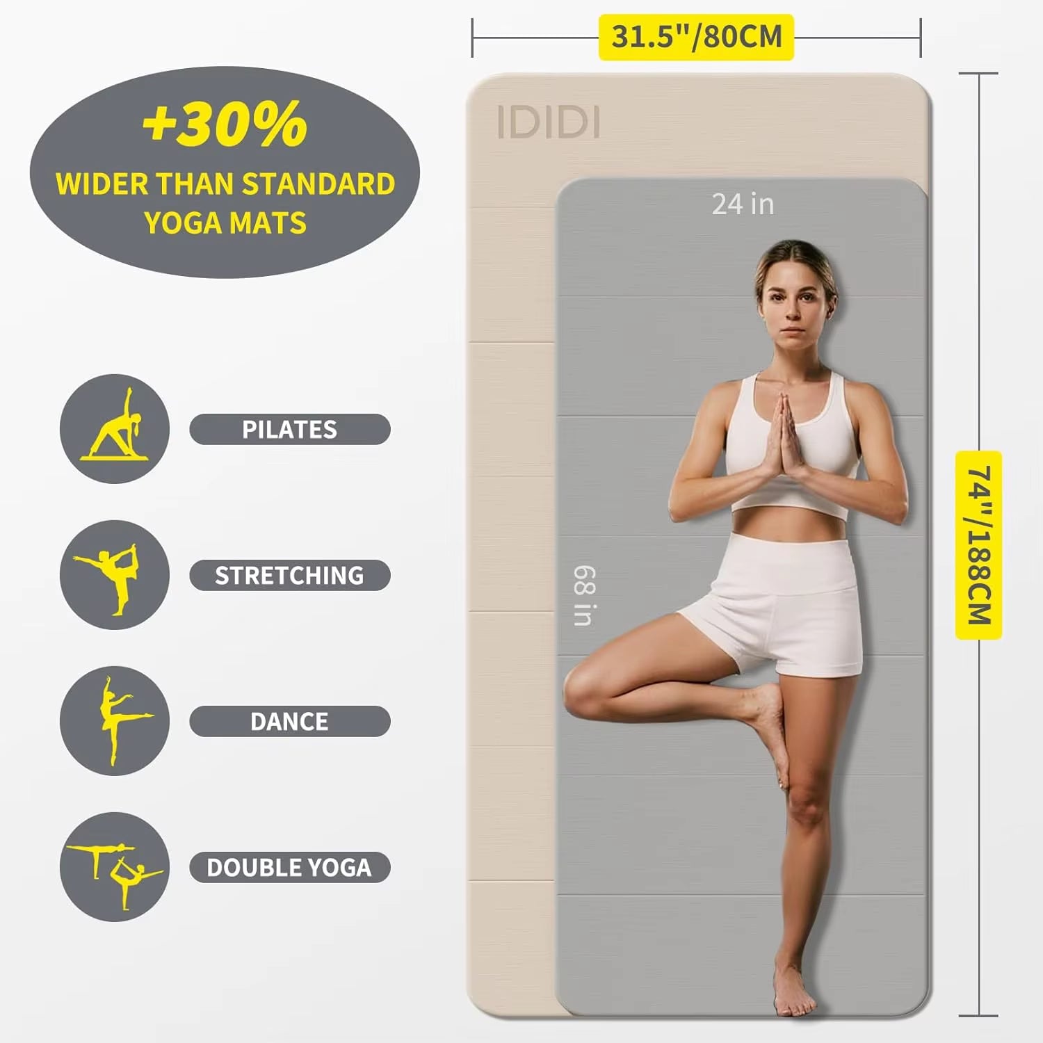 Foldable Yoga Mat Extra Thick & Large (74" X 31.5" X 0.32"), Double-Sided Non Slip & Lightweight Fitness Mat