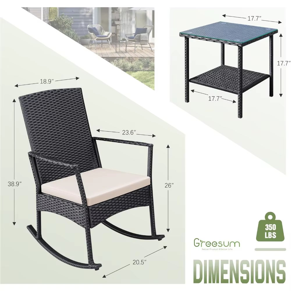 3 Pieces Patio Furniture Set Outdoor Wicker Rocking Chairs with Glass Coffee Table for Garden Backyard Porch Poolside, Beige