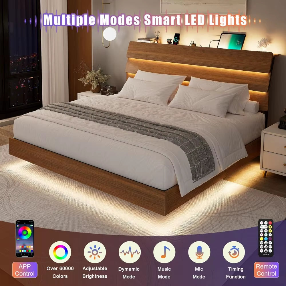 Feonase Floating Bed Frame King with Led Lights & Charging Station, Wood Full Size Bed Frame with Storage Headboard, Heavy Duty