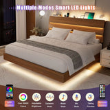 Feonase Floating Bed Frame King with Led Lights & Charging Station, Wood Full Size Bed Frame with Storage Headboard, Heavy Duty