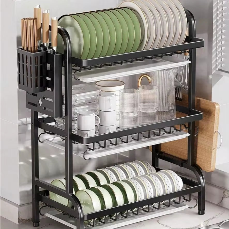 Dish Drying Rack, 3-Tier Space-Saving Dish Rack for Kitchen Counter, Metal Kitchen Organizers and Storage Rack, Large Capacity D