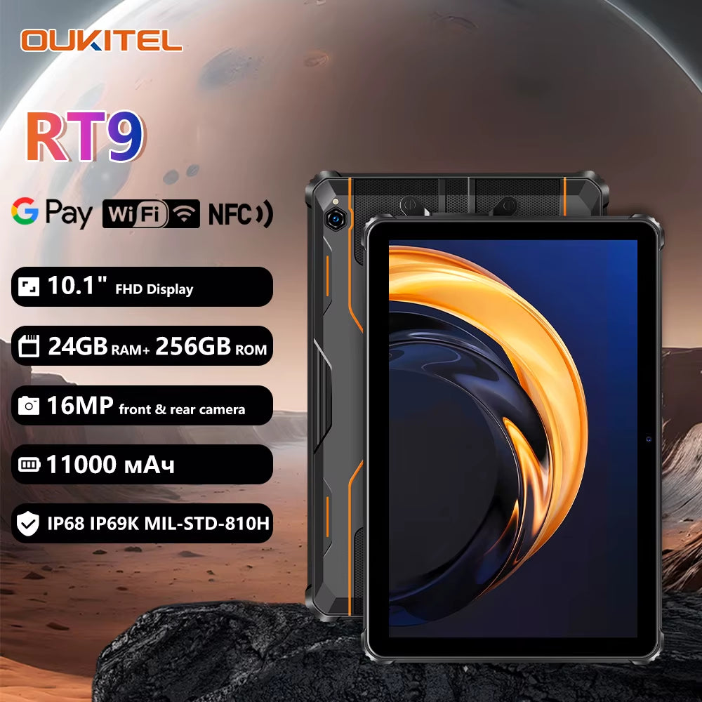 RT9 10.1" HD Rugged Tablet with 11,000mAh Battery, 24GB RAM, 256GB Storage, Android 14.0
