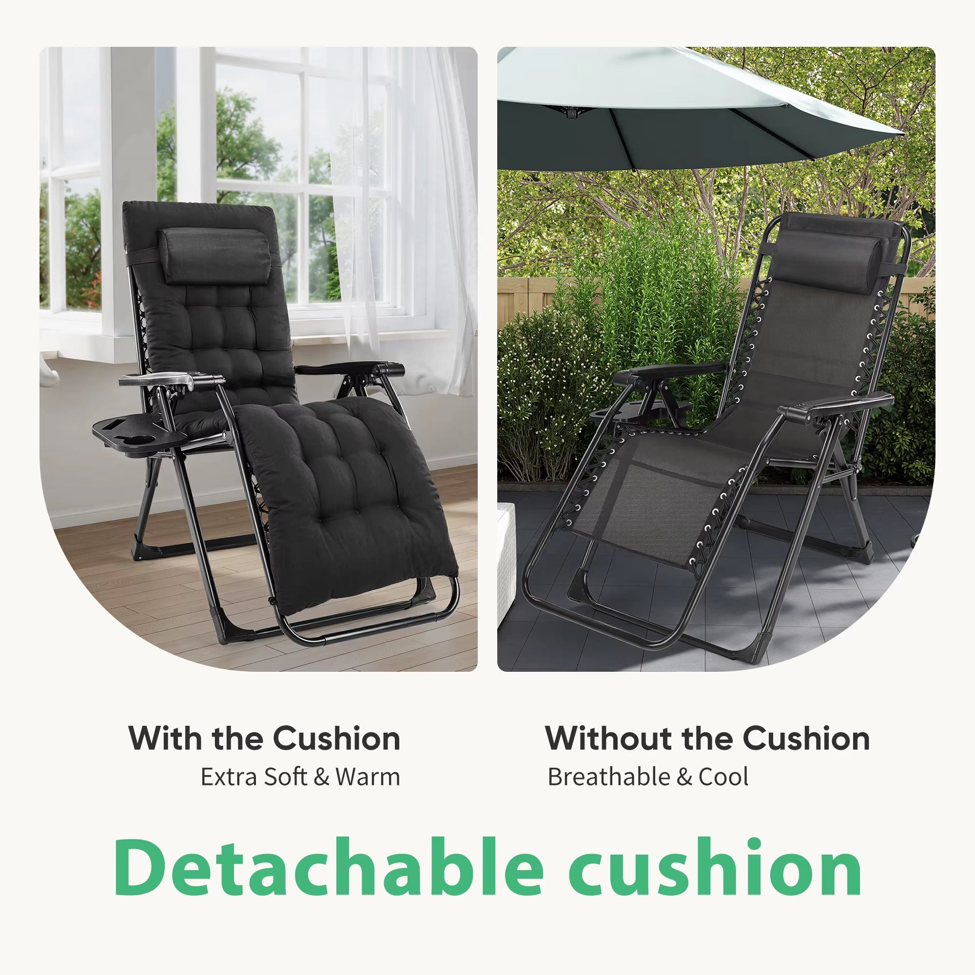 Zero Gravity Recliner Camping Patio Lounge Chair Folding Portable with Cup Holder Trays Removable Cushion for Outdoor Garden