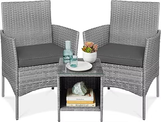 Best Choice Products 3-Piece Outdoor Wicker Conversation Bistro Set, Space Saving Patio Furniture for Garden W/Side Table - Gray
