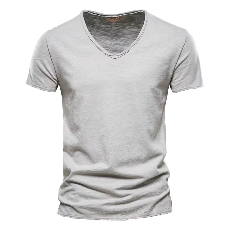 Brand Quality 100% Cotton Men T-Shirt V-Neck Fashion Design Slim Fit Soild T-Shirts Male Tops Tees Short Sleeve T Shirt for Men
