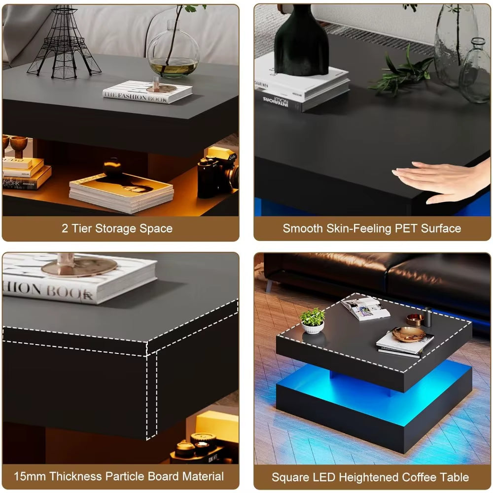 Black LED Coffee Table for Living Room, Living Room Table 2-Tier Square Middle Center Table, Modern Coffee Tables with Storage