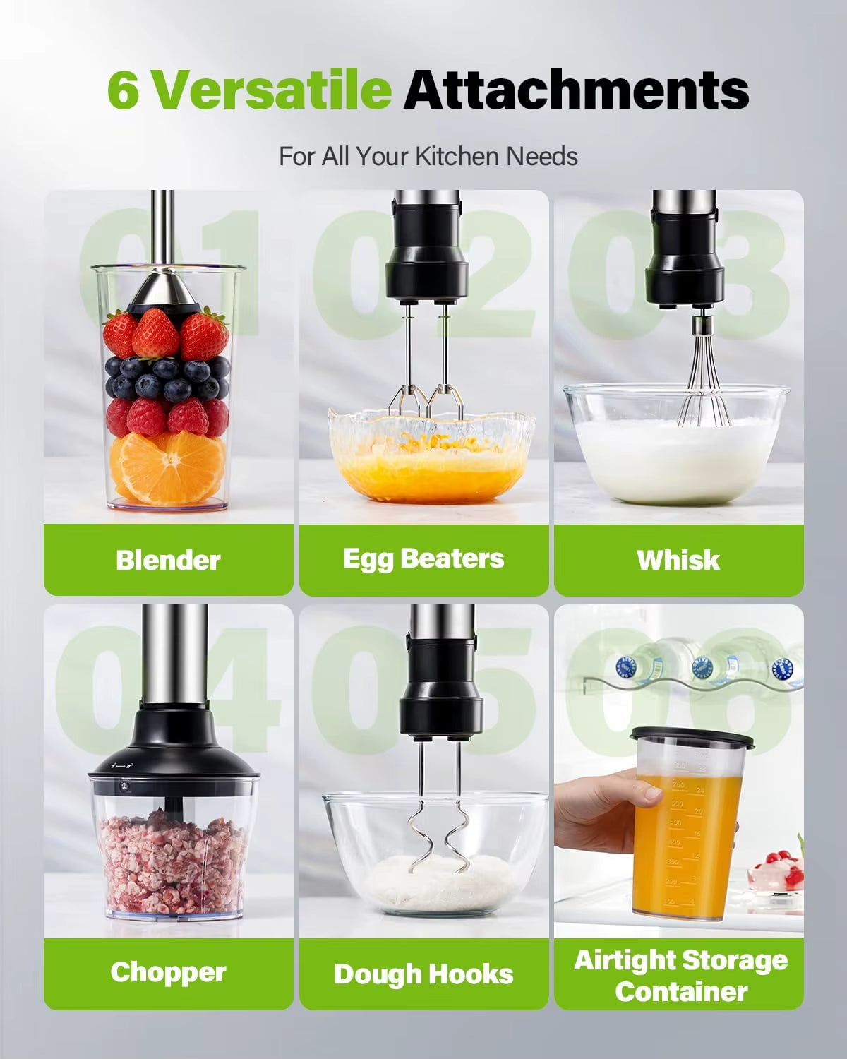 6-In-1 Immersion Blender, 1000W Hand Blender with 20 Speeds, Scratch-Resistant Stick Mixer with Whisk & Chopper