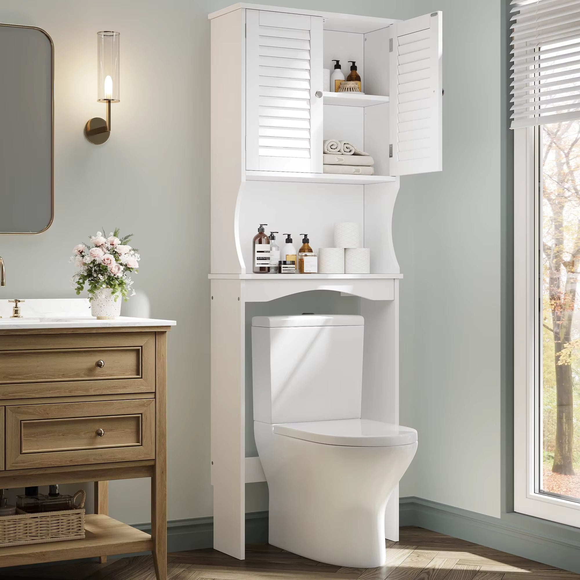 Over the Toilet Storage Cabinet, Space-Saving Bathroom Organizer with Adjustable Shelf & Hooks, Anti-Tip above Toilet Shelf