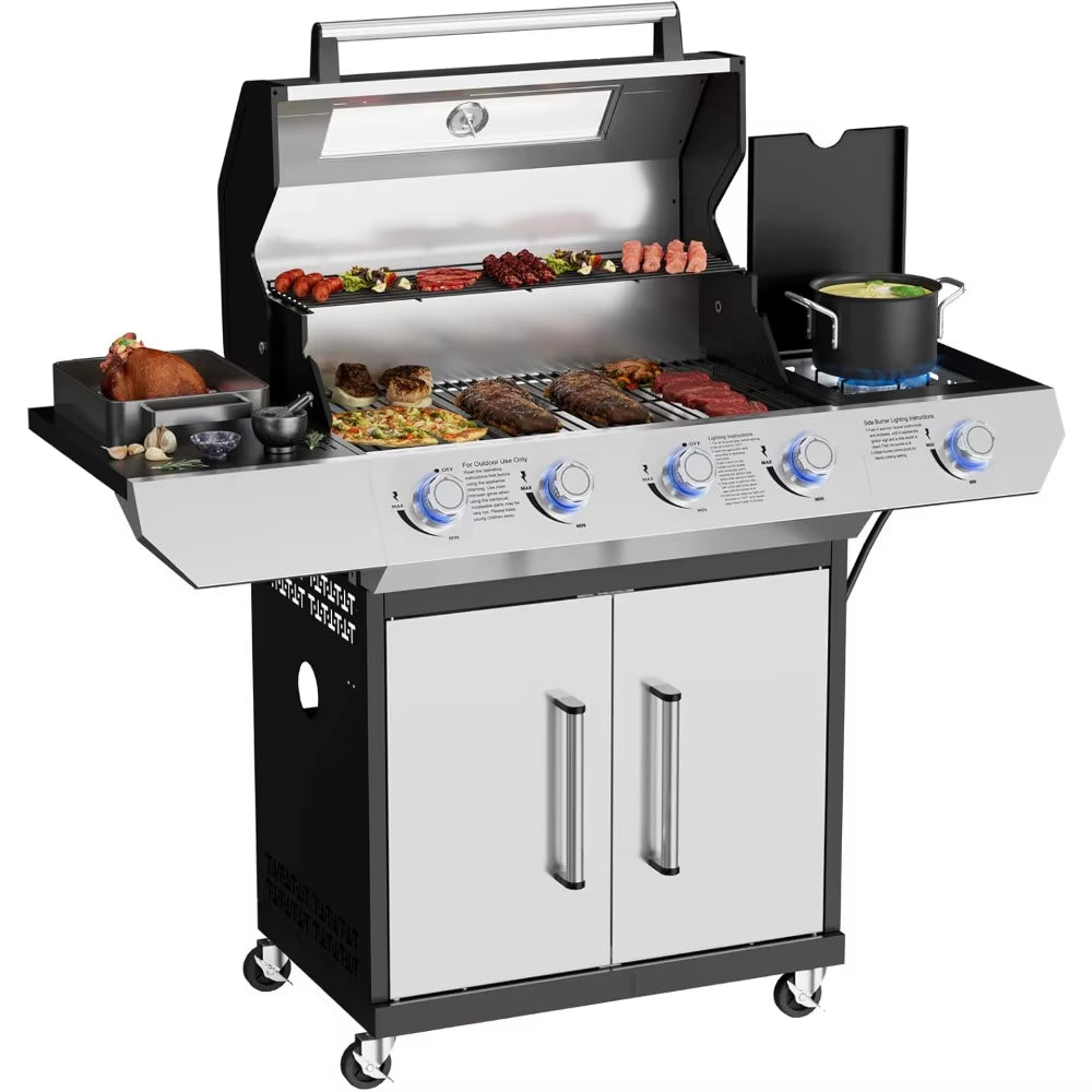 4 Led Burner Propane Gas Grill with Side Burner & & Visual Glass, Stainless Steel Gas Grill with Enameled Cast Iron Grates