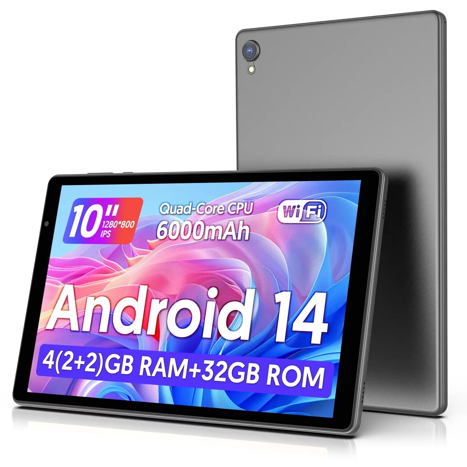 Android 14 Tablet - 10-Inch Display, Quad-Core Processor, 5G Wi-Fi, 4GB RAM, 32GB Storage, 1280x800 Resolution, 6000mAh Battery