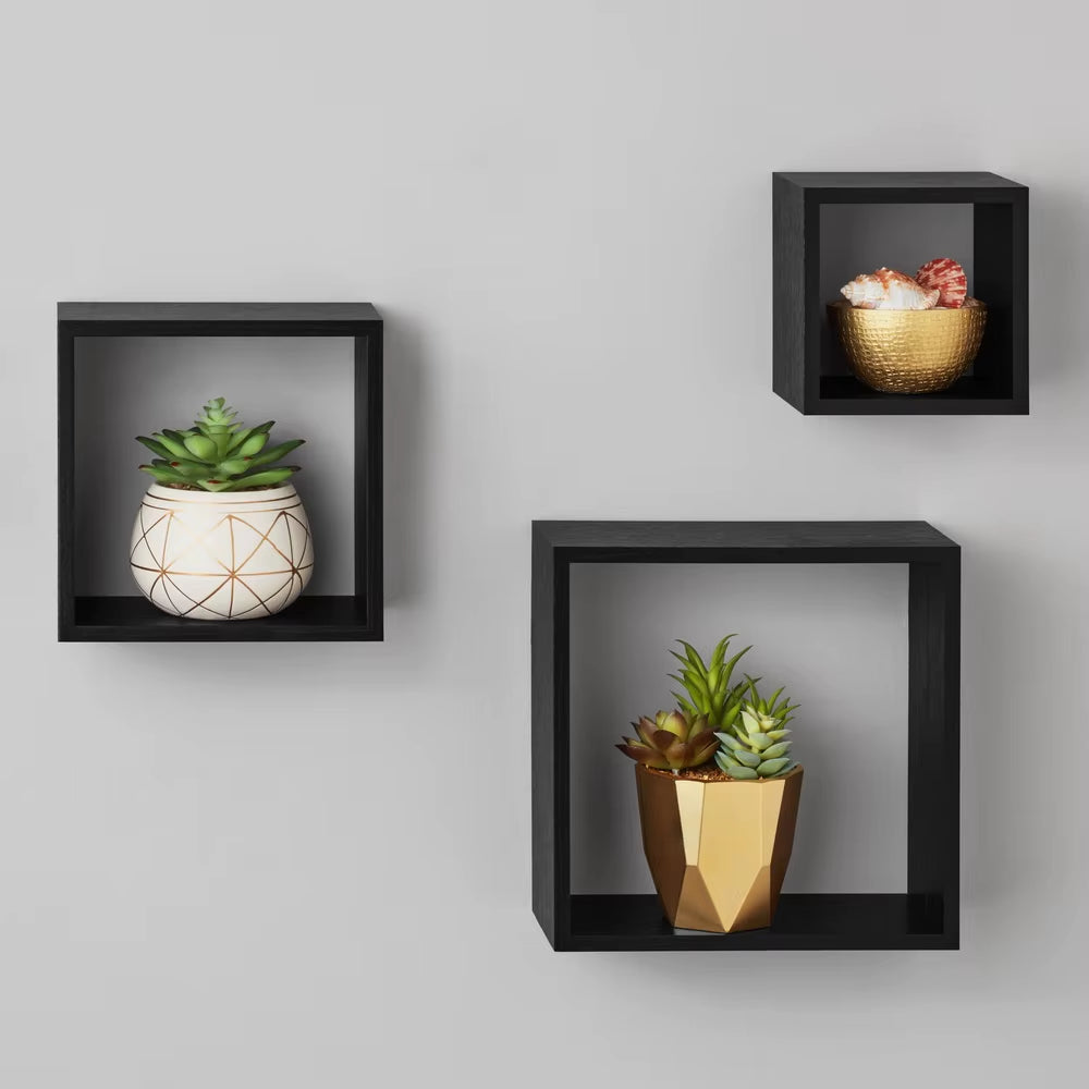 Modern Black Wood Cube Shelf Set Stylish Floating Storage Easy Installation Home Office Décor 3 Piece Set Holds 5Lbs Each