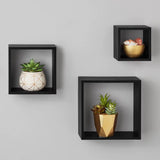 Modern Black Wood Cube Shelf Set Stylish Floating Storage Easy Installation Home Office Décor 3 Piece Set Holds 5Lbs Each