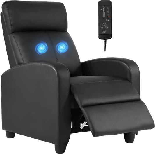 Massage Recliner Sofa with Lumbar Support and Adjustable Backrest for Living Room or Bedroom in Black Leather