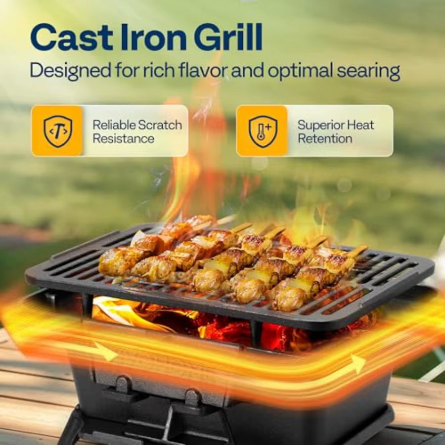 VIVOHOME Rectangle Cast Iron Charcoal Grill with Stainless Steel Double-Sided Grate Portable Outdoor BBQ Grill Compact Tabletop