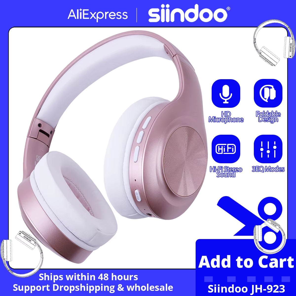 JH-923 Foldable Bluetooth Headsets Wireless Headphones over Ear 3EQ Sound Modes Hi-Res Audio with Mic Deep Bass Rose Red
