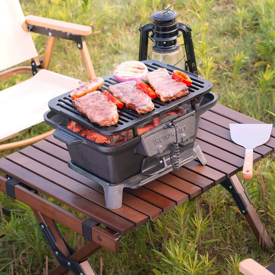 Ironmaster Hibachi Grill, Pre-Seasoned Cast Iron Charcoal Grill with 2 Heights & Air Control, Portable