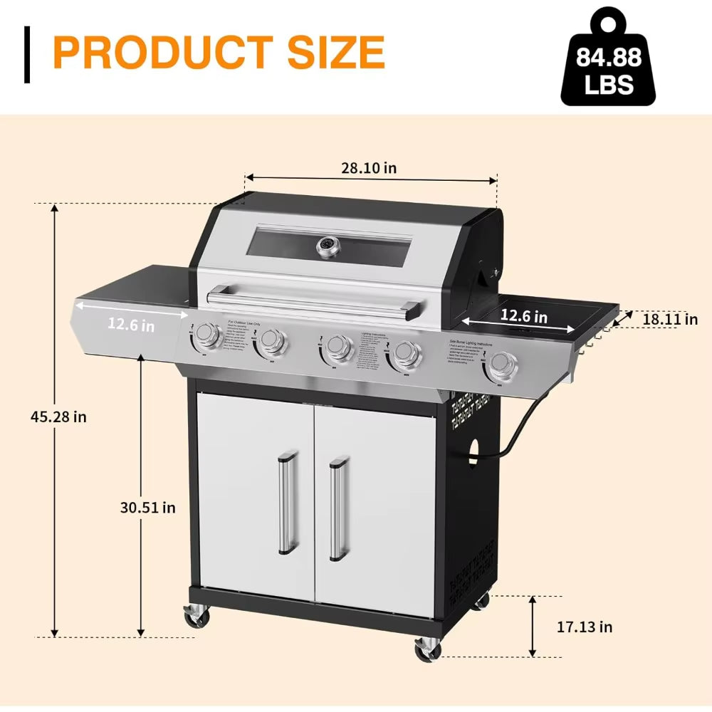4 Led Burner Propane Gas Grill with Side Burner & & Visual Glass, Stainless Steel Gas Grill with Enameled Cast Iron Grates