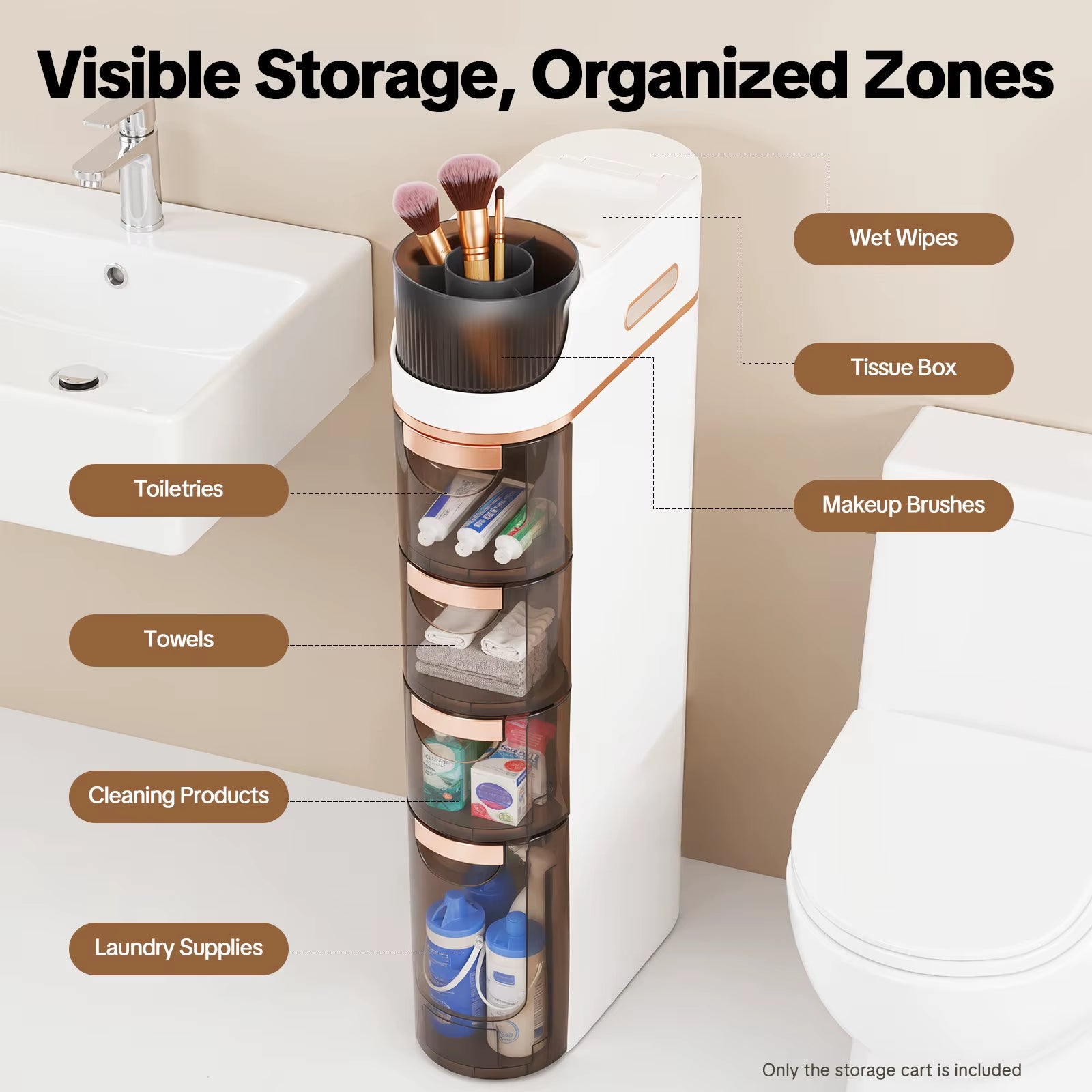 4-Drawer Slim Bathroom Storage Cart Mobile Freestanding PP Organizer White Tawny for Home Office Dorm