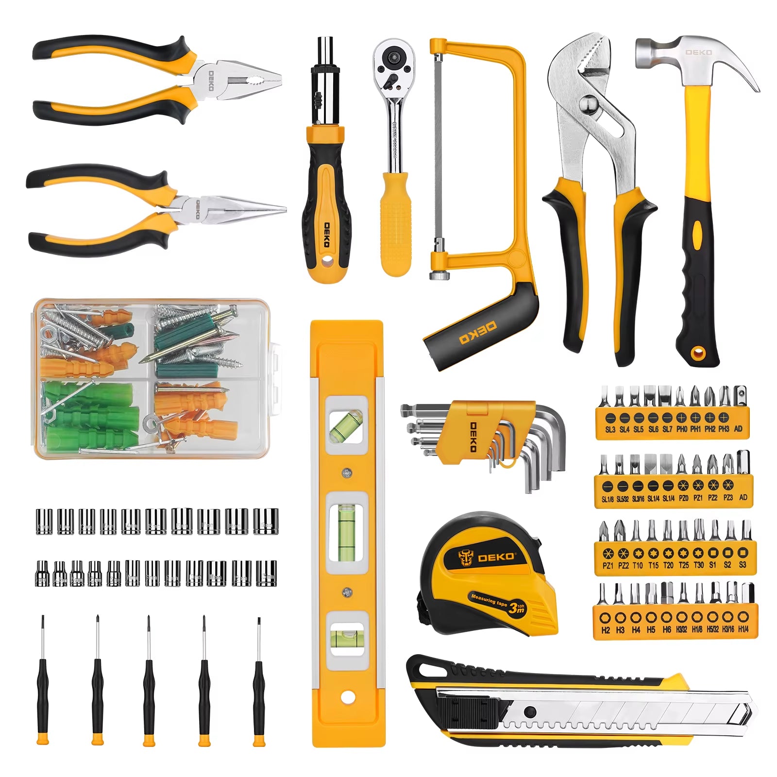 DEKO 228-Piece Socket Wrench and Auto Repair Tool Combination Set with Plastic Storage Toolbox
