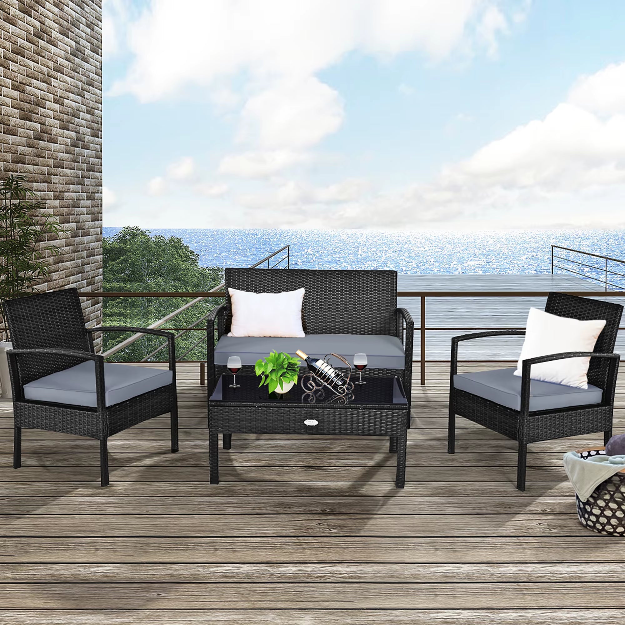 4Pcs Outdoor Patio Rattan Wicker Set Table Sofa Cushioned Deck Black