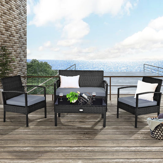 4Pcs Outdoor Patio Rattan Wicker Set Table Sofa Cushioned Deck Black