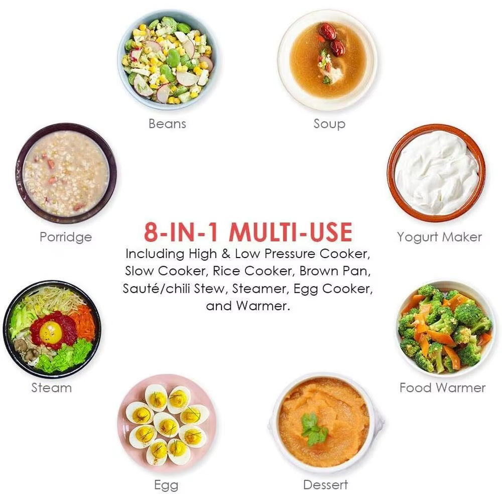 8 in 1 Multi-Use Programmable Cooker: Electric Pressure Pot with Slow Cook, Rice, Steamer, Sauté, Brown, Warmer