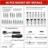46-Piece 1/4 Inch Drive Socket Set - Metric Ratchet Wrench Kit with 4-14mm CR-V Sockets for Automotive and Household Repairs