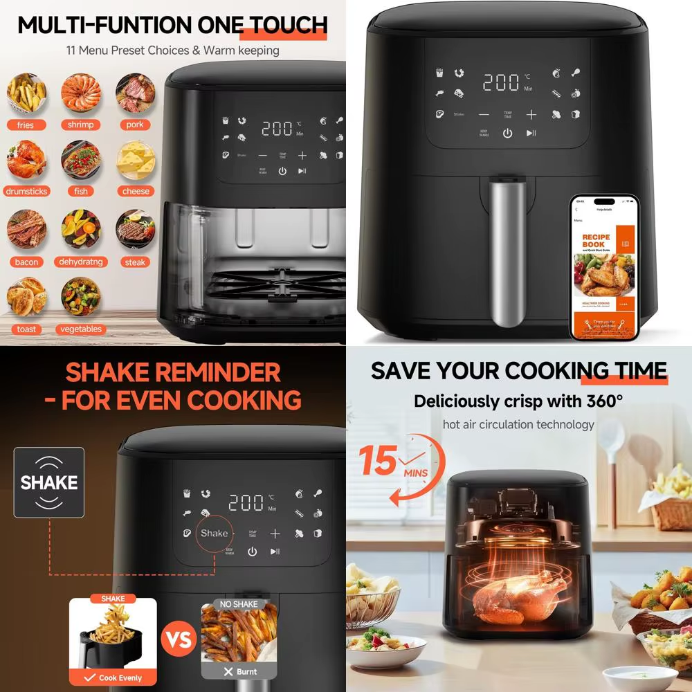 8-In-1 5 QT Multi-Function Air Fryer: 180°-450°F Range, Touch Display, Auto Menus, Compact Design