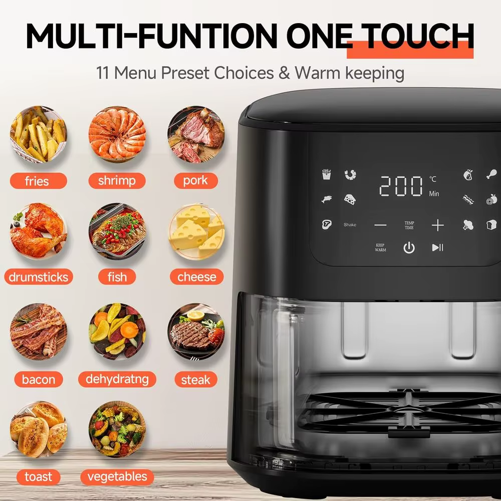 8-In-1 5 QT Multi-Function Air Fryer: 180°-450°F Range, Touch Display, Auto Menus, Compact Design