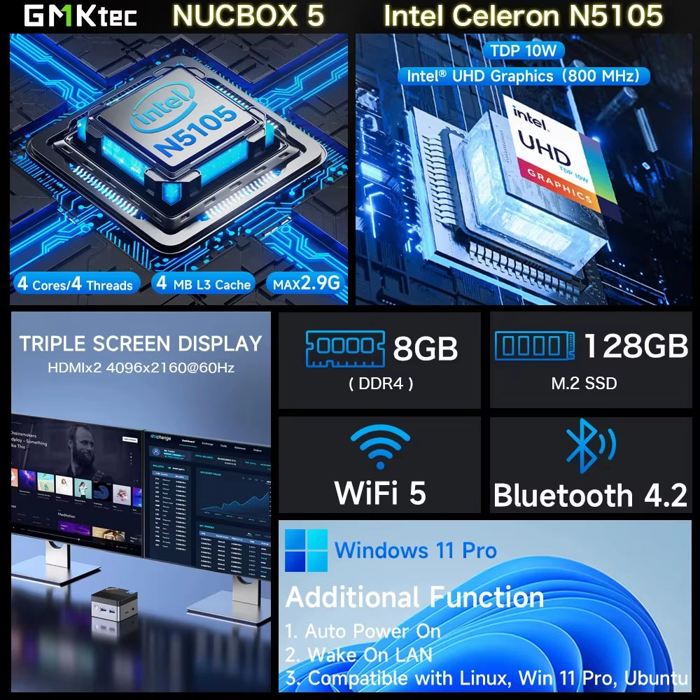 Gmktec KB5 Mini PC Intel Celeron N5105 Windows 11 Pro 4K Mini PC DDR4 8GB RAM 128GB ROM Wifi5 BT4.2 Desktop Computer Work
