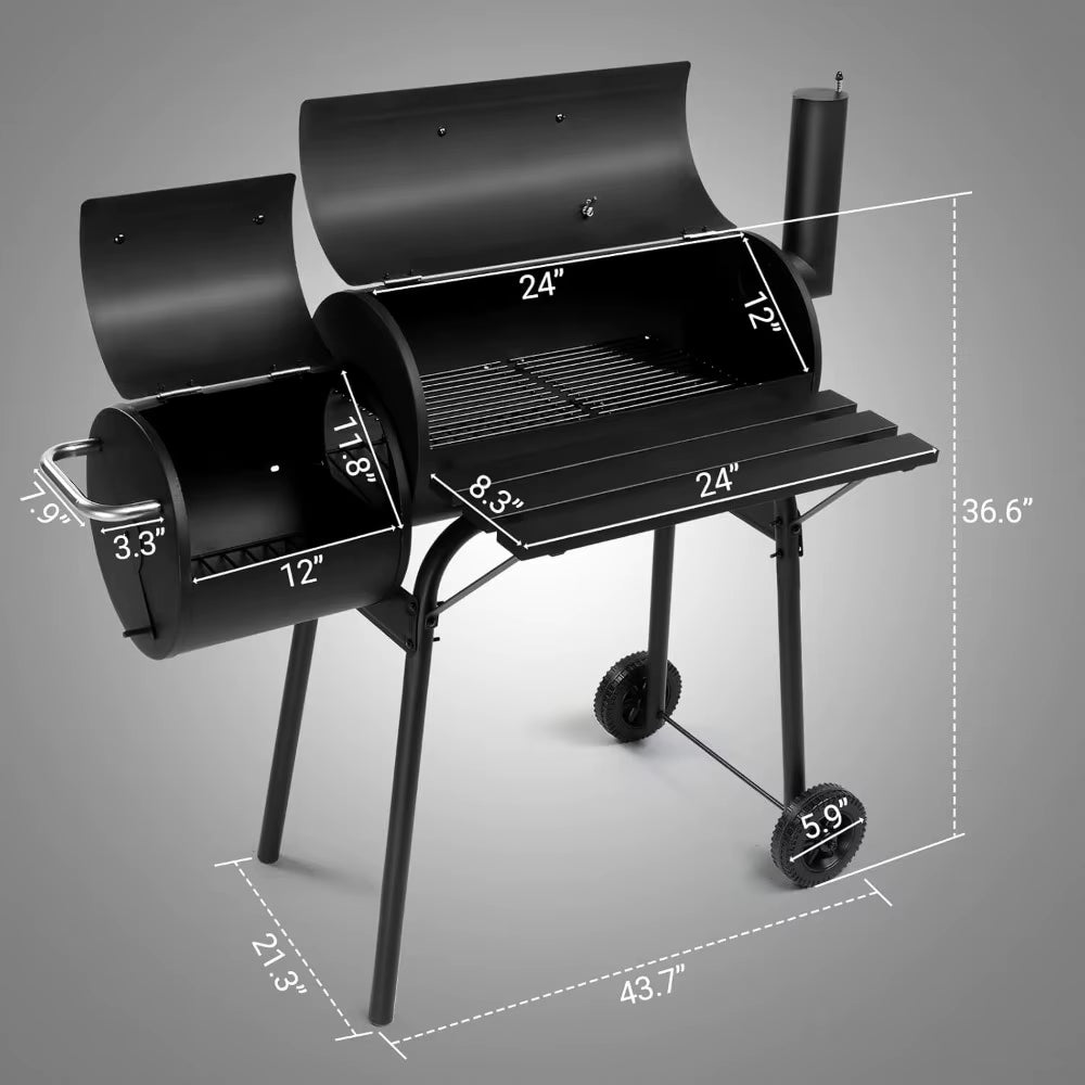 Large Outdoor BBQ Smoker Grill with Offset Smoker and Wheels for Backyard and Patio Parties