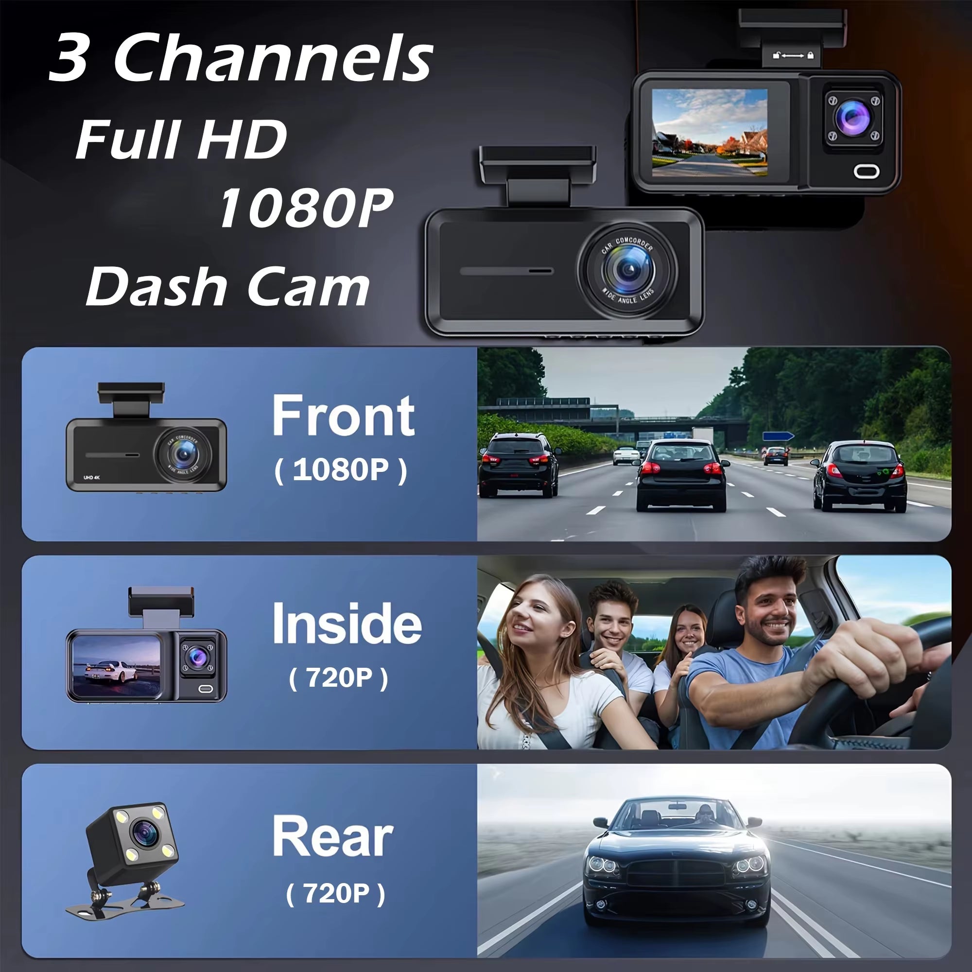 3 Channel Driving Recorder 2 Inch IPS HD Screen 1080P Camera Video Infrared Night Vision Hidden Recorder Car DVR Car Accessories